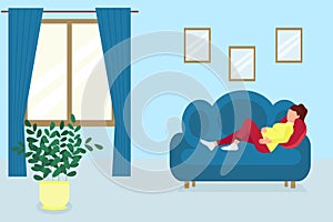 A pregnant woman lies on the couch in the room. Vector pregnant girl resting at home. Flat, concept