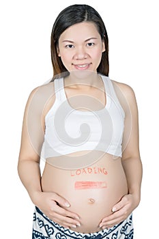 Pregnant woman with loading concept painted on her belly