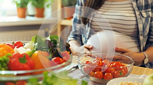 Pregnant Woman Making Salad in Kitchen