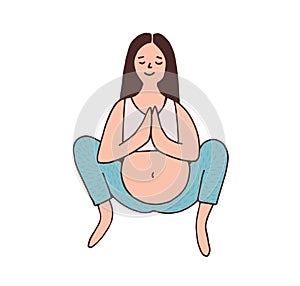 Pregnant woman in malasana position with open hips, breathing and practicing pregnancy yoga. Peaceful female with belly