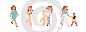 Pregnant woman, mother with newborn baby, mom supporting toddler and walking with child. Motherhood and growing up