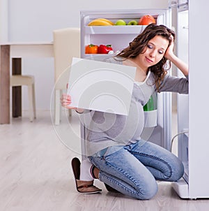 Pregnant woman near fridge with blank message