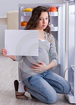 Pregnant woman near fridge with blank message