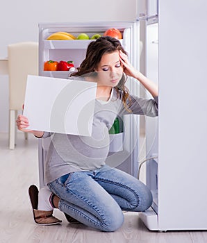 Pregnant woman near fridge with blank message