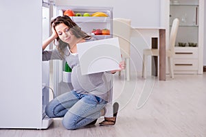 The pregnant woman near fridge with blank message