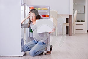 The pregnant woman near fridge with blank message
