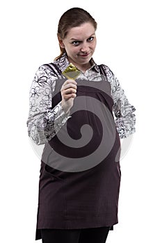Pregnant woman offering condom