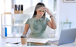 Pregnant woman in office, stress headache at desk with laptop and small business research online. Pregnancy, fatigue and