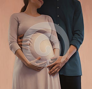 Pregnant woman with open hands on her belly accompanied by the partner. Generative AI (Real 300 DPI).