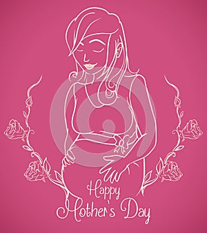 Pregnant Woman in Outline Design for Mother's Day Card, Vector Illustration