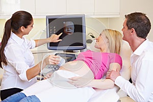 Pregnant Woman And Partner Having 4D Ultrasound Scan