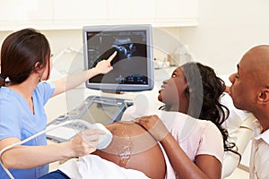 Pregnant Woman And Partner Having 4D Ultrasound Scan