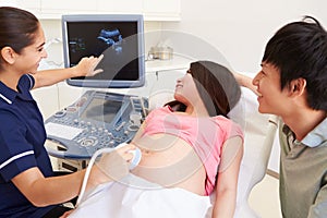 Pregnant Woman And Partner Having 4D Ultrasound Scan photo