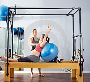 Pregnant woman pilates reformer fitball exercise photo