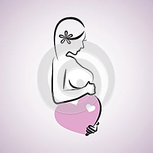 Pregnant woman with pink heart in her belly outline drawing