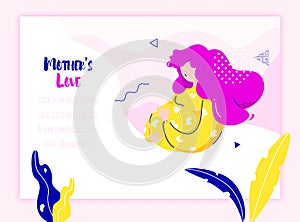 Pregnant woman with plants and geometric elements on pink background. Cartoon card