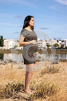 Pregnant woman poses on the dunes