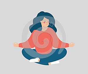 Pregnant Woman practicing breathing exercises. Female sits in yoga lotus position and makes inhale exhale.