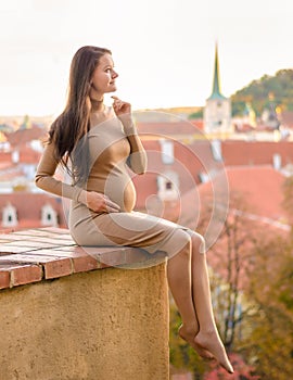 Pregnant woman in Prague park with red roof view in autumn, Prague, Czech Republic