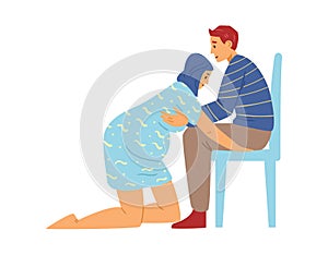 Pregnant woman preparing to labor with partner, vector illustration isolated.