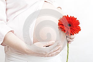 Pregnant woman with red flower