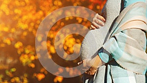 Pregnant woman's belly over autumn background. Pregnant woman in touching big belly with hands