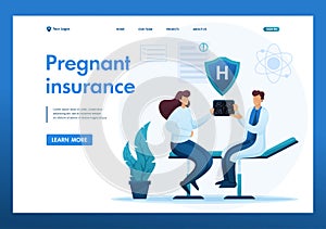 Pregnant woman`s insurance policy for the birth of a child and examination of a pregnant woman. Flat 2D character. Landing page