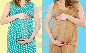 Pregnant woman set in dress holds hands on belly isolated on colorful background. Pregnancy and maternity women collage concept.