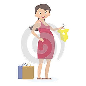 Pregnant woman on shopping. Expectation concept. Flat style. Vector Illustration.