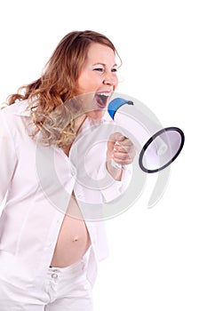 Pregnant woman shouts into megaphone