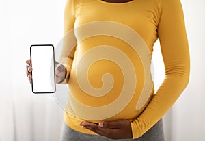 Pregnant woman showing mobile phone with empty display