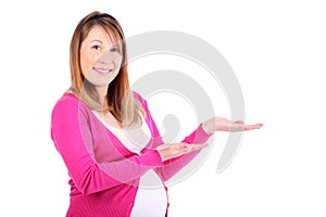 Pregnant woman shows something