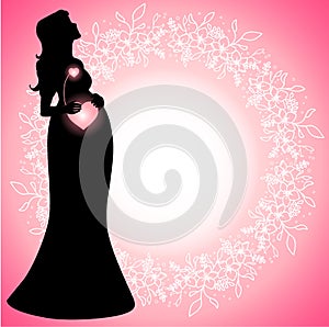 Pregnant woman silhouette with glowing connected hearts