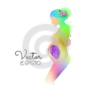 Pregnant woman silhouette plus abstract water color painted. Mother and baby health. Vector illustration. Digital art painting