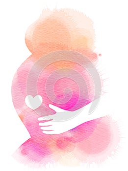Pregnant woman silhouette plus abstract watercolor. Digital art