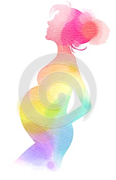 Pregnant woman silhouette plus abstract watercolor. Digital art