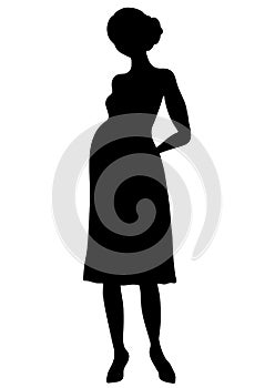 Pregnant woman silhouette, vector outline drawing, shape expectant girl with a big belly full-length, contour black and white port