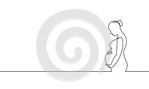 Pregnant woman single continuous line art. Medicine health care pregnancy healthy silhouette holding belly headline photo