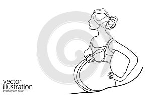 Pregnant woman single continuous line art. Medicine health care pregnancy healthy silhouette holding belly headline