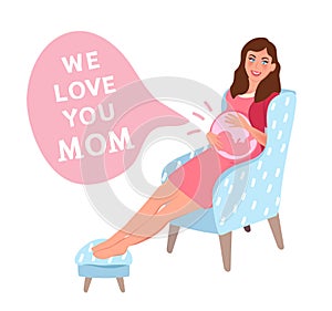 A pregnant woman sits in a chair and touches her stomach. Expecting a baby. Pregnancy. Happy motherhood. Vector illustration