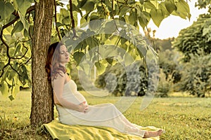 Pregnant woman sitting on the grass. warm weather