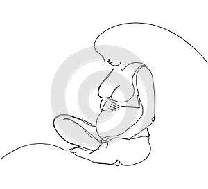Pregnant woman sitting in lotus position and stroking her belly one line art. Continuous line drawing of pregnancy