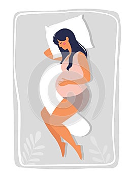 A pregnant woman sleeps on a bed with pillows. Pregnancy health and care. Vector illustration of motherhood isolated on white