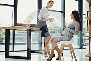 Pregnant woman smiling while having a pleasant talk with her employer