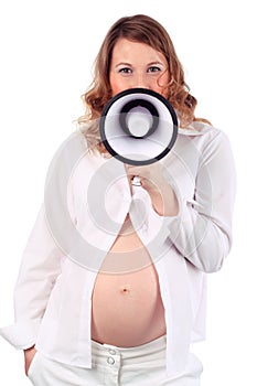 Pregnant woman speaks into megaphone photo