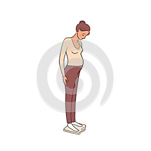A pregnant woman is standing on the scales.Pregnancy weight control concept.Illustration isolated on white background.