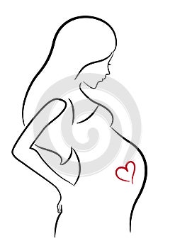 Pregnant woman stylized line drawing, mother care. Vector.