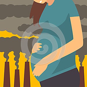 Pregnant Woman Suffering from Fine Dust, Industrial Smog, Woman on Background of Industrial Landscape and Clouds of