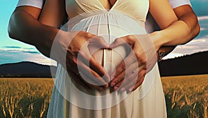 pregnant woman at sunset with man making heart from hands