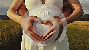 pregnant woman at sunset with man making heart from hands